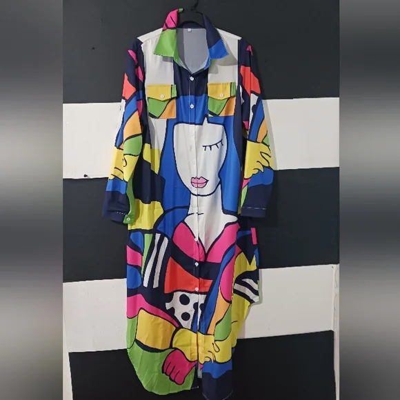 Women faces collage printed multicolor buttoned maxi dress - Picture 2 of 13